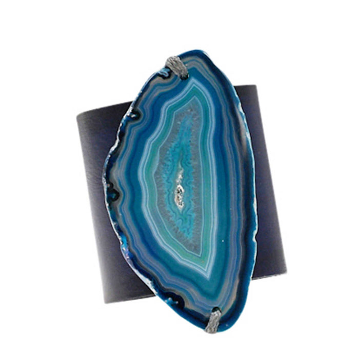 HANDCRAFTED CUFF - NAVY BLUE LEATHER BLUE AGATE - 6CMNABL1.3