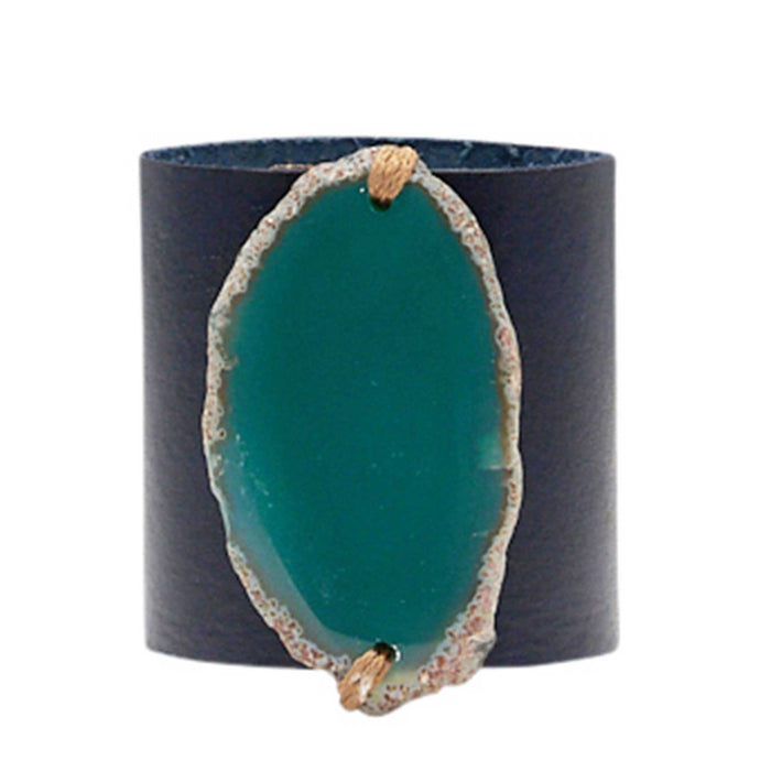 HANDCRAFTED CUFF - NAVY BLUE LEATHER GREEN AGATE - 6CMNAGR1.2