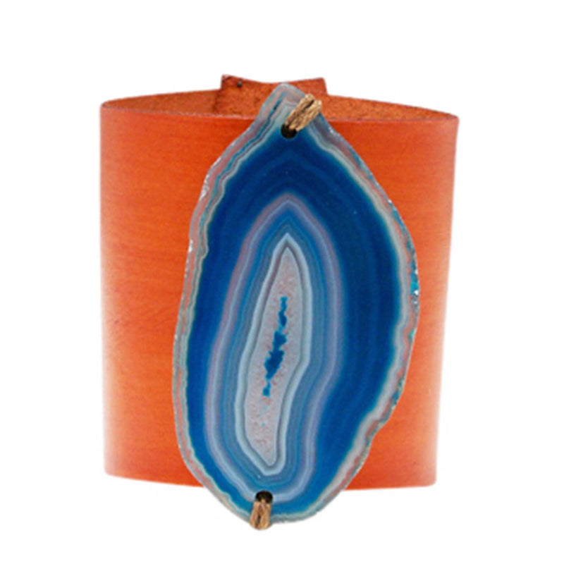 HANDCRAFTED CUFF - ORANGE LEATHER BLUE AGATE - 6CMORBL1.1
