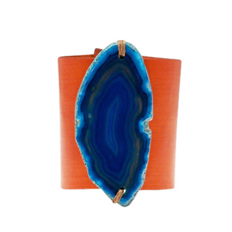 HANDCRAFTED CUFF - ORANGE LEATHER BLUE AGATE - 6CMORBL1.4