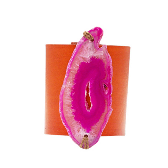 HANDCRAFTED CUFF - ORANGE LEATHER PINK AGATE - 6CMORPI1.1