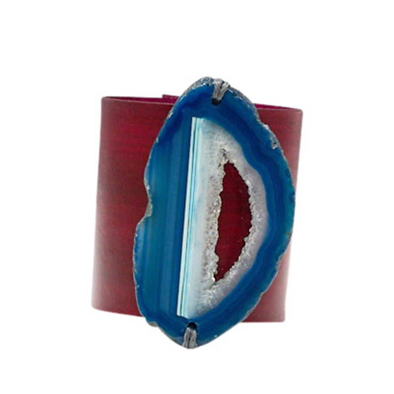 HANDCRAFTED CUFF - PINK LEATHER BLUE AGATE - 6CMPIBL1.1