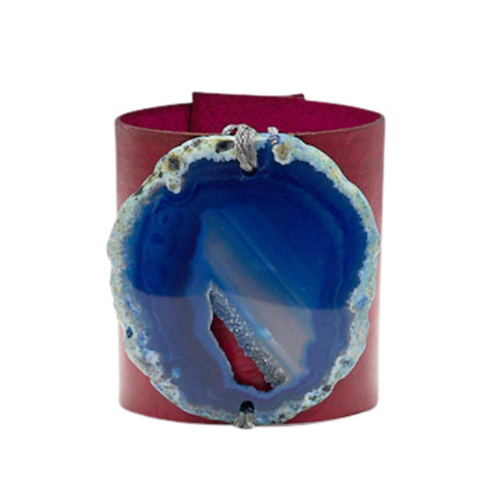 HANDCRAFTED CUFF - PINK LEATHER BLUE AGATE - 6CMPIBL1.2