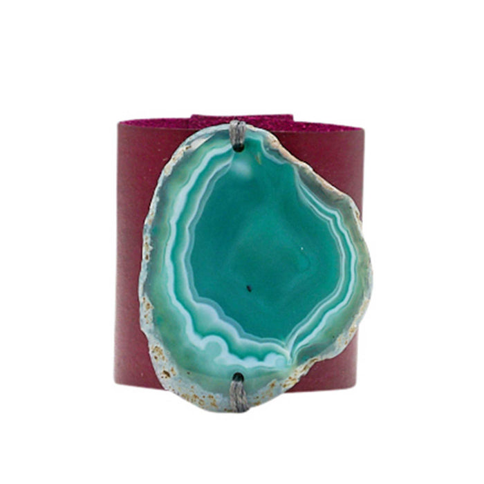 HANDCRAFTED CUFF - PINK LEATHER GREEN AGATE 6C – S-ORG-6CMPIGR