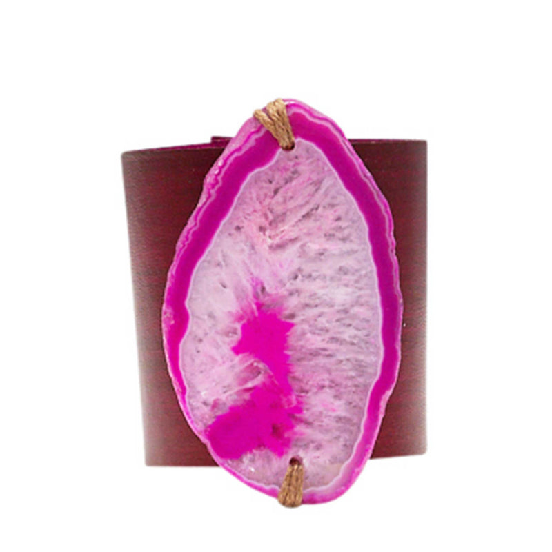HANDCRAFTED CUFF - PINK LEATHER PINK AGATE - 6CMPIPI1.2