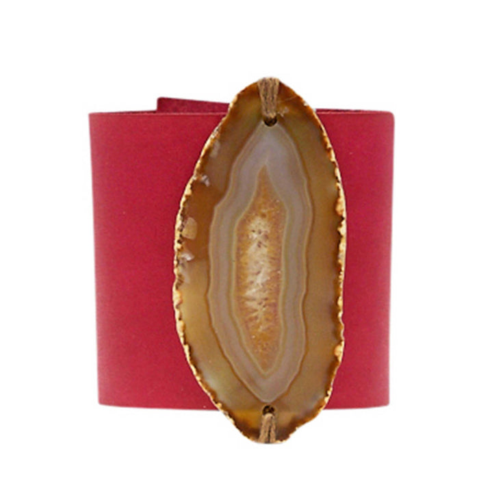 HANDCRAFTED CUFF - RED LEATHER YELLOW AGATE - 6CMREYE1.1
