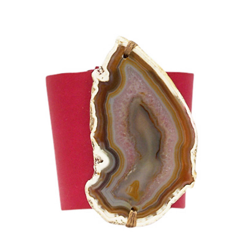 HANDCRAFTED CUFF - RED LEATHER YELLOW AGATE - 6CMREYE1.2