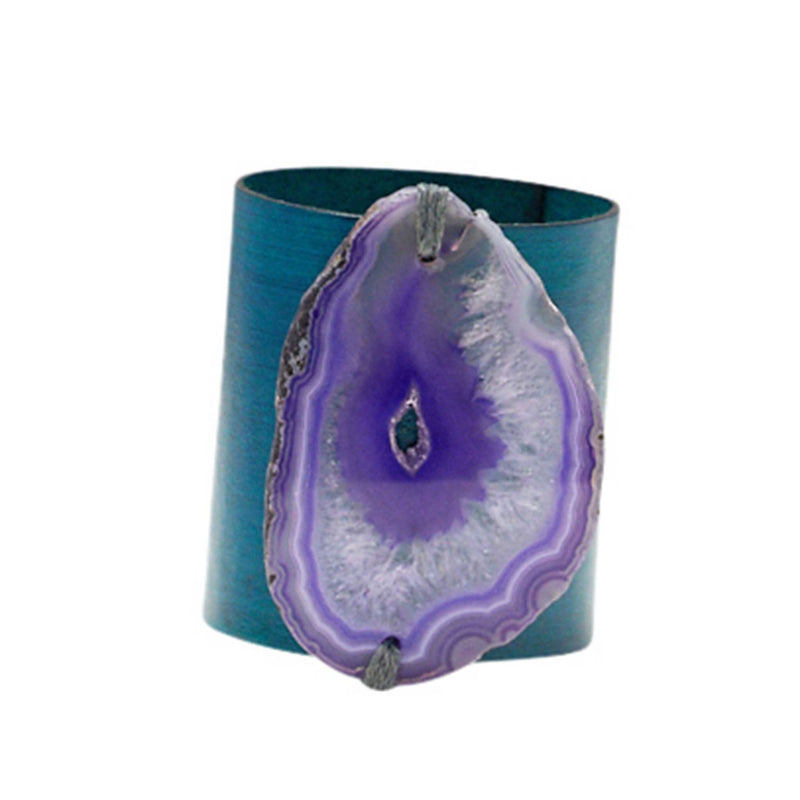 HANDCRAFTED CUFF - TEAL LEATHER PURPLE AGATE - 6CMTEPU1.2