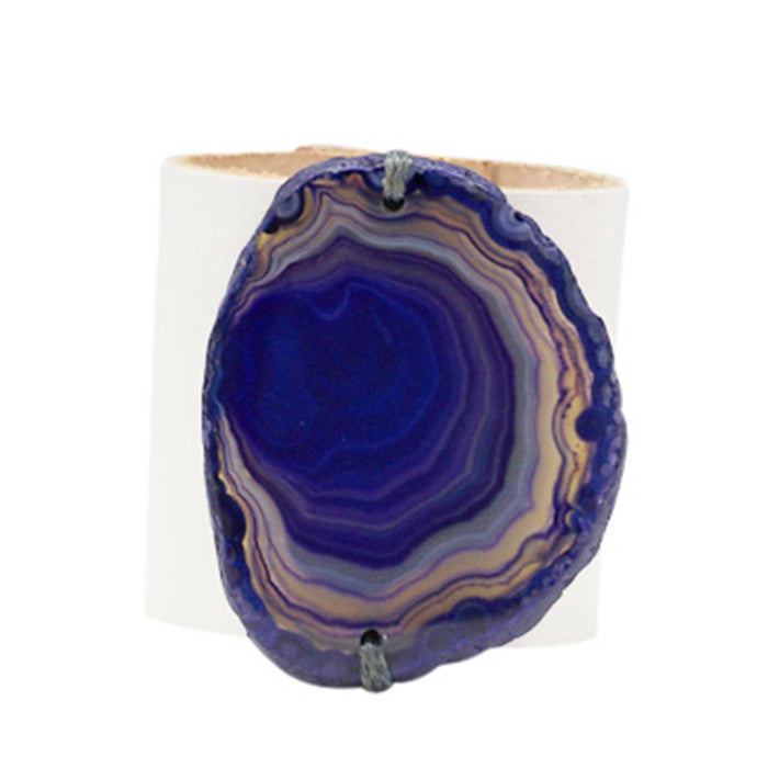 HANDCRAFTED CUFF - WHITE LEATHER PURPLE AGATE - 6CMWHPU1.1