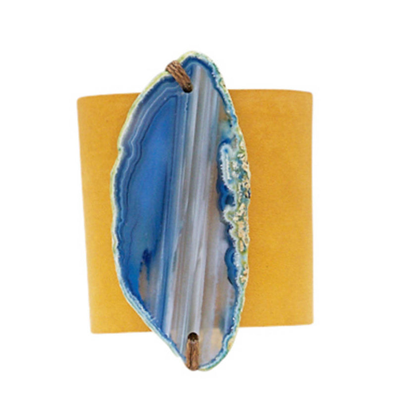 HANDCRAFTED CUFF - YELLOW LEATHER BLUE AGATE - 6CMYEBL1.1