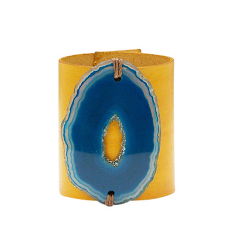 HANDCRAFTED CUFF - YELLOW LEATHER BLUE AGATE - 6CMYEBL1.2