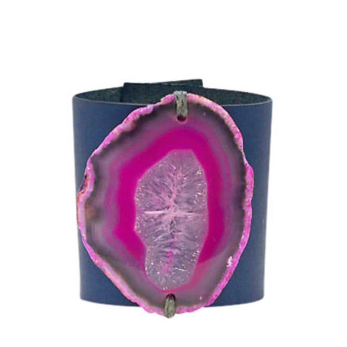 HANDCRAFTED CUFF - NAVY BLUE LEATHER PINK AGATE - NAPI1.1