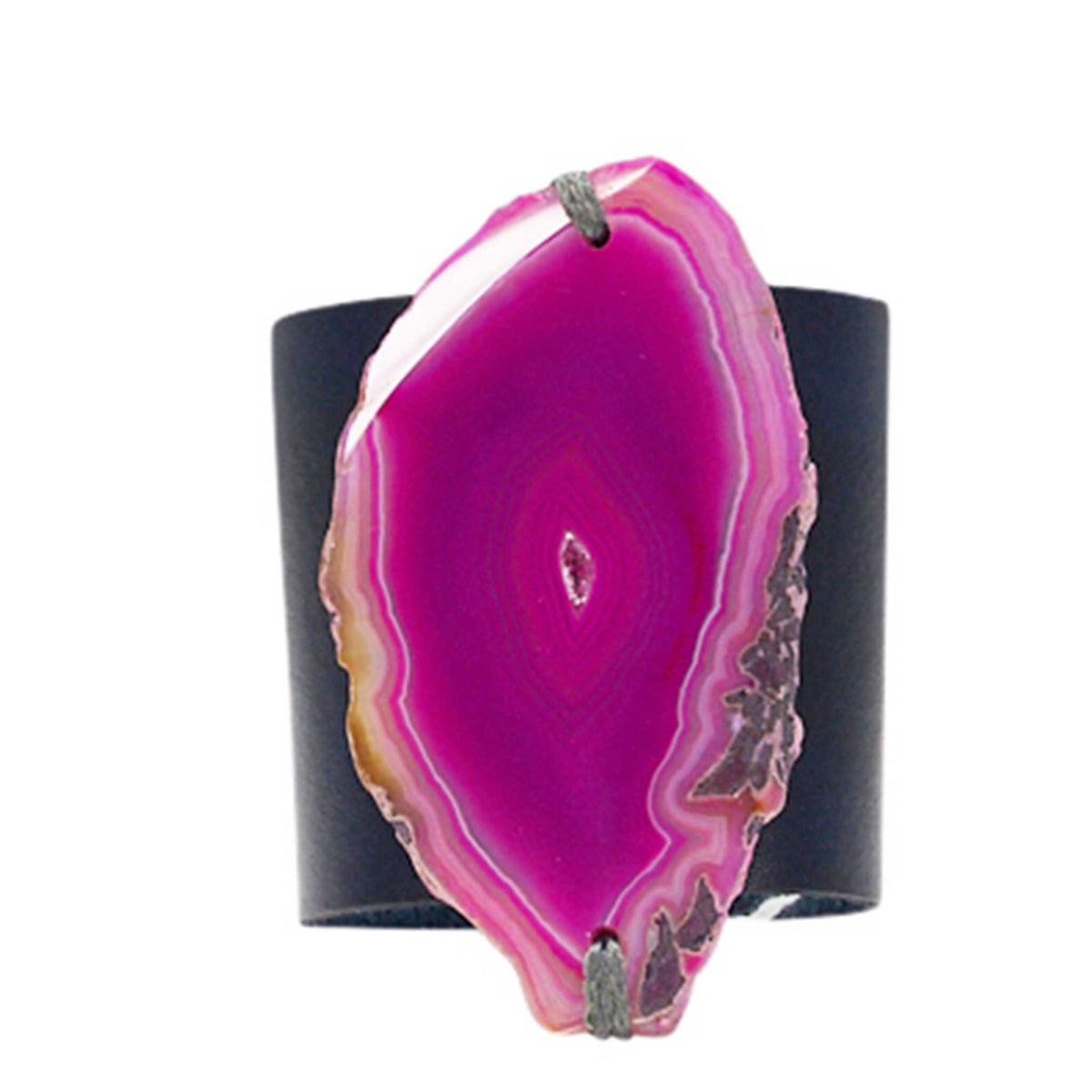 HANDCRAFTED CUFF - NAVY BLUE LEATHER PINK AGATE - NAPI1.2