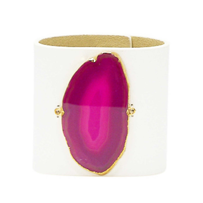 LOVED CUFF - MOONSTONE WHITE LEATHER WITH PINK AGATE – S.1.03.005.1102