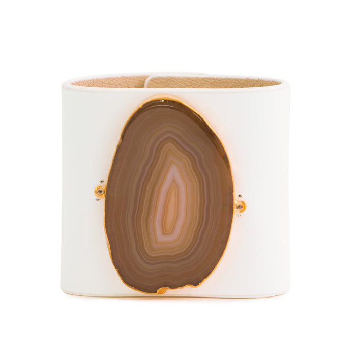 Loved Cuff - Moonstone White Leather with Brown Agate