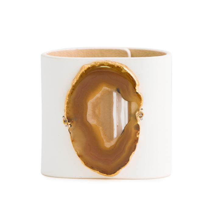 Loved Cuff - Moonstone White Leather with Yellow Agate