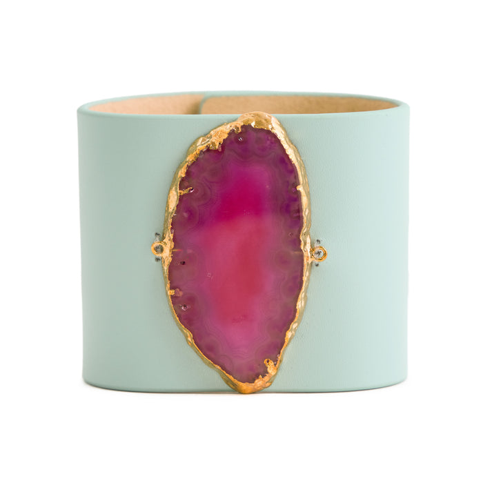 Loved Cuff - Aquamarine Leather with Pink Agate