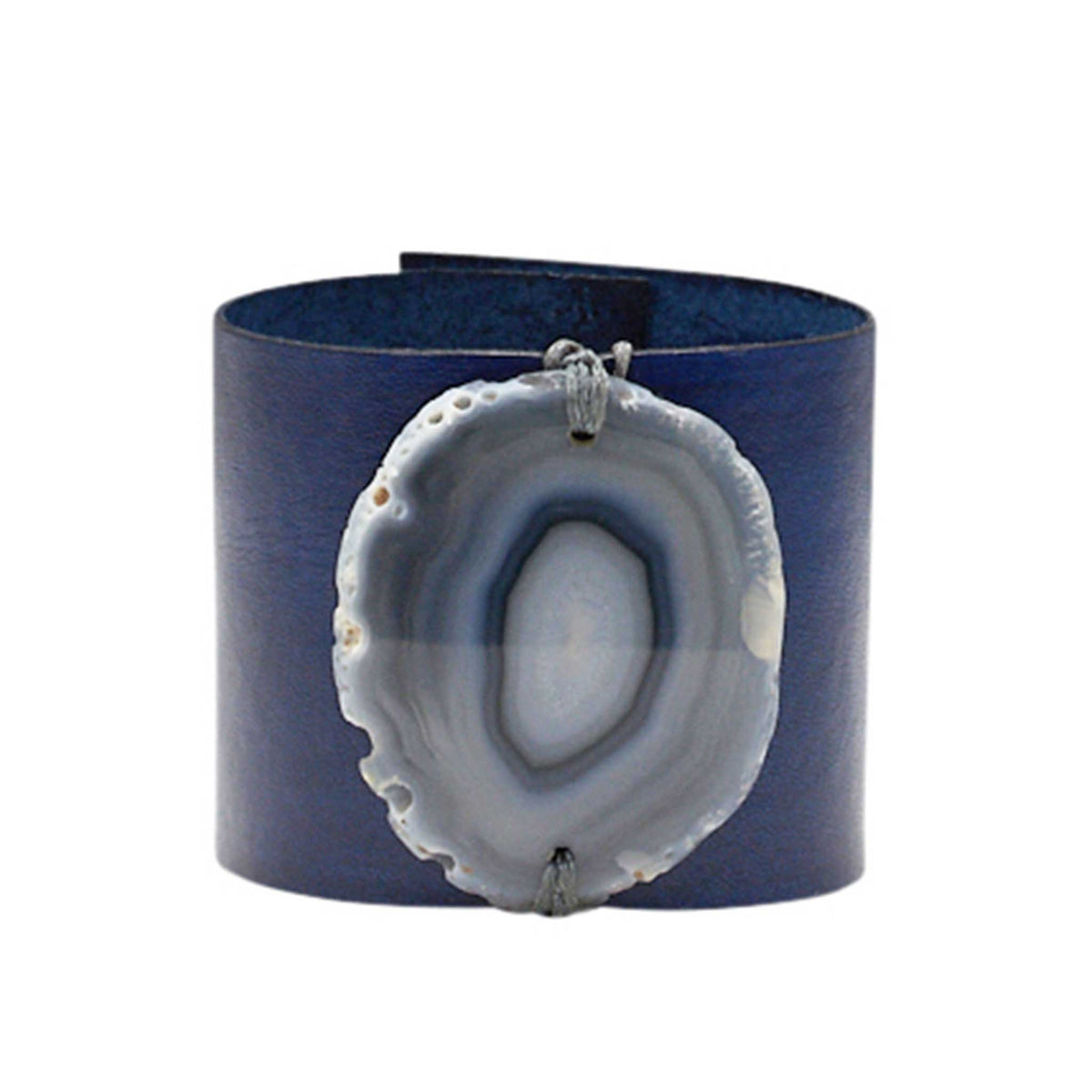 HANDCRAFTED CUFF - NAVY BLUE LEATHER BROWN AGATE - 6CMNABR