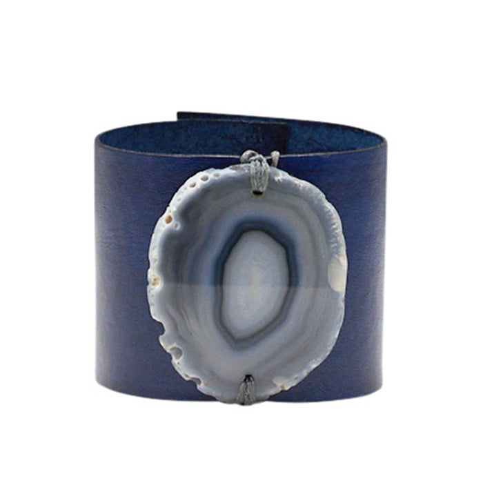 HANDCRAFTED CUFF - NAVY BLUE LEATHER BROWN AGATE - 6CMNABR