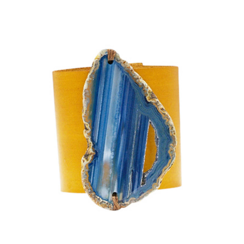 HANDCRAFTED CUFF - YELLOW LEATHER BLUE AGATE - 6CMYEBL