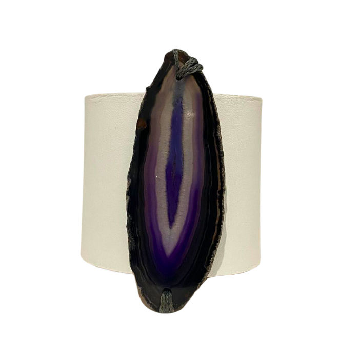 HANDCRAFTED CUFF - WHITE LEATHER WITH PURPLE AGATE - 6CMWHPU1.4