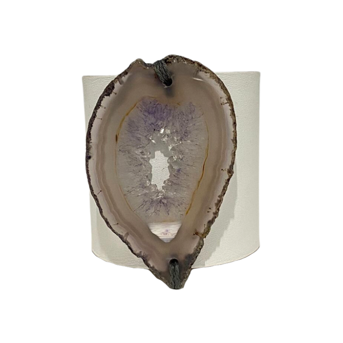 HANDCRAFTED CUFF - WHITE LEATHER WITH PURPLE AGATE - 6CMWHPU1.3